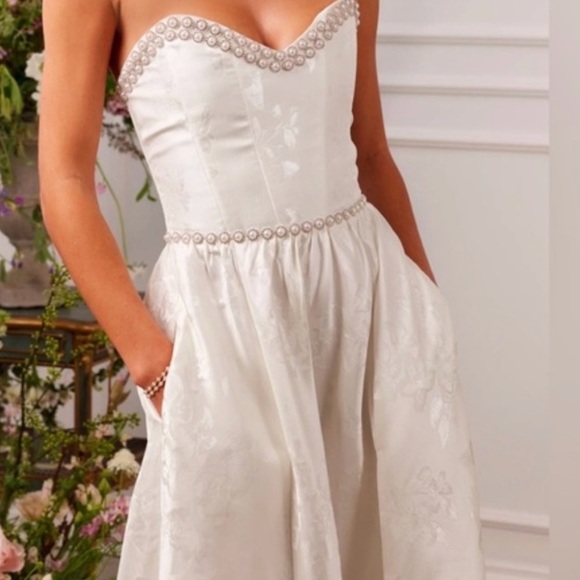 V. Chapman Lucia White Strapless Pearl Bustier A-Line Dress with Slit - Picture 2 of 13